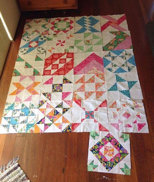 Modern HST Sampler quilt progress by chantellesewing. Tutorial at BlossomHeartQuilts.com