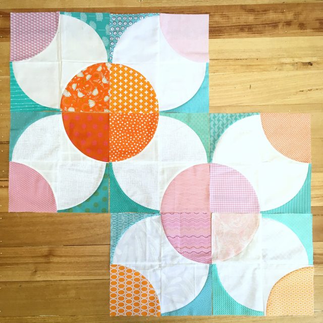 Fizzy quilt blocks for quilting bee in pink, orange and teal