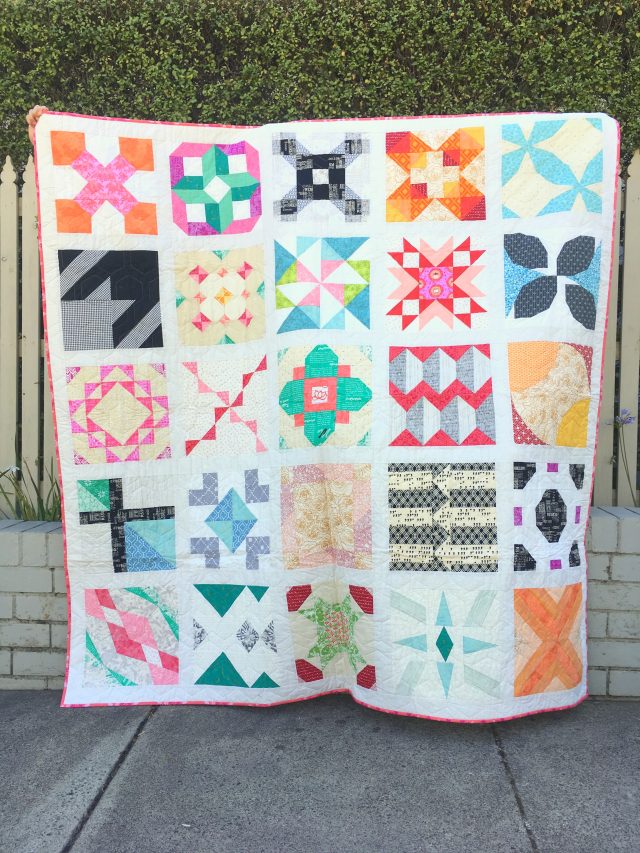 A 12'' block sampler quilt using The Bee Hive quilt block tutorials by Blossom Heart Quilts