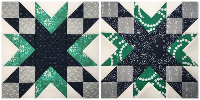 Double Star quilt blocks in navy and emerald by Blossom Heart Quilts