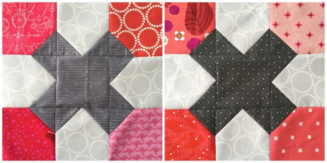 Tic Tac Toe quilt blocks in pink and grey by Blossom Heart Quilts