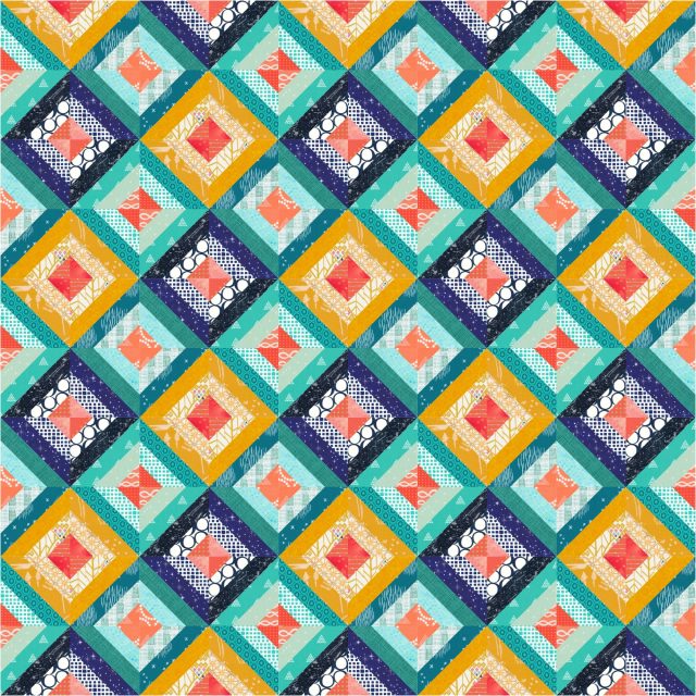Treasure Hunt quilt in navy, mustard, teal, and coral using the tutorial on Blossom Heart Quilts