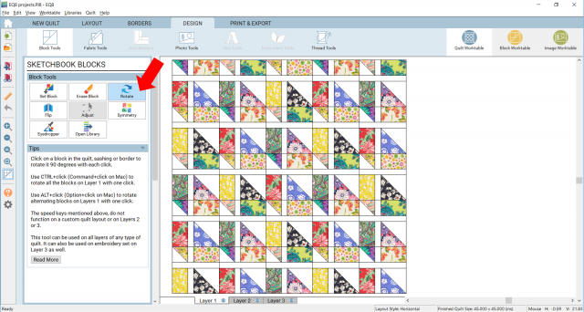Rotating quilt blocks in EQ8 tutorial by BlossomHeartQuilts.com