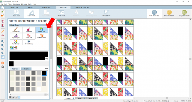 Swapping fabrics in EQ8 tutorial by BlossomHeartQuilts.com