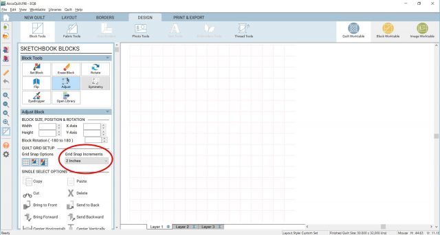 Snap to grid in Custom Set layout in EQ8 tutorial by BlossomHeartQuilts.com