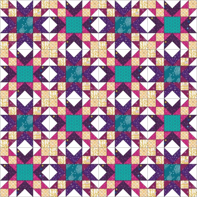 Double Star quilt design in purple, mustard and teal by BlossomHeartQuilts.com