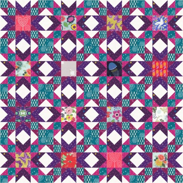 Double Star quilt with fussy cut centres and purple stars by BlossomHeartQuilts.com