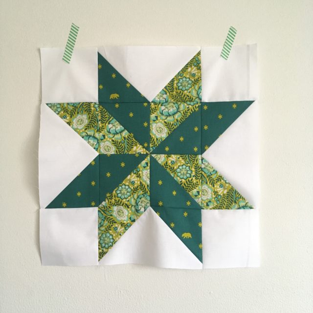 Green star quilt block from month 2 of rainbow quilt blocks using Tula Pink and pattern by BlossomHeartQuilts.com