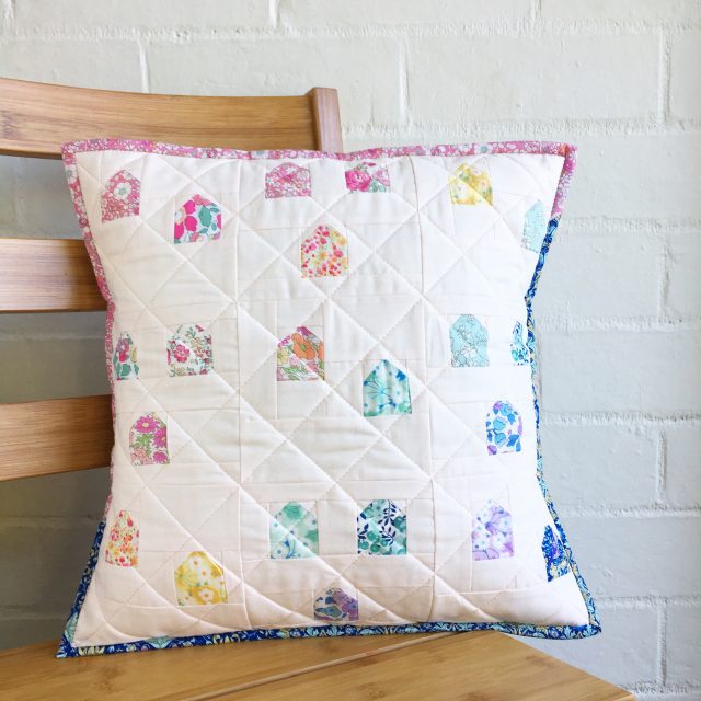 Rainbow Liberty cushion using the Gumdrops pattern in Love Patchwork Quilting by BlossomHeartQuilts.com