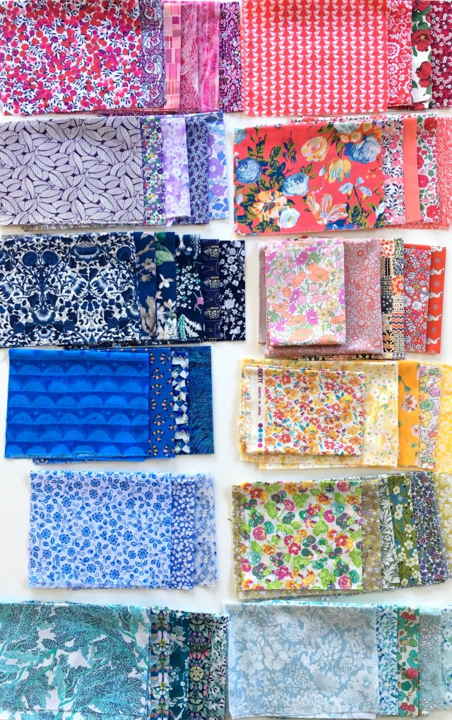 Rainbow Liberty fabric selection for rainbow quilt