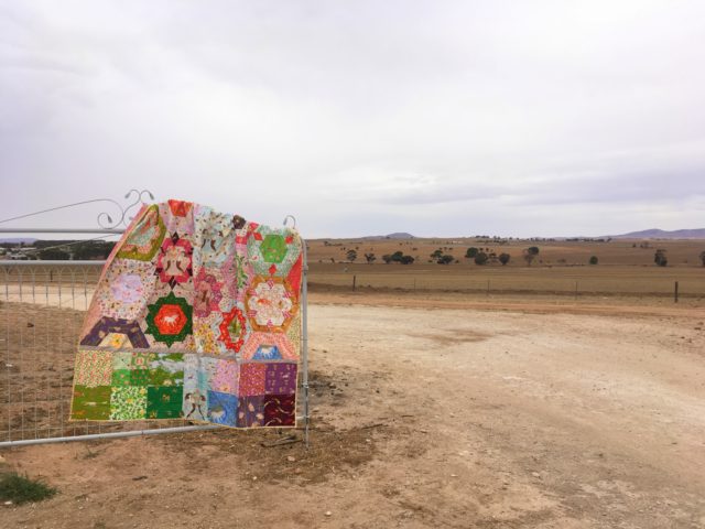 Heather Ross quilt at a farm by BlossomHeartQuilts.com