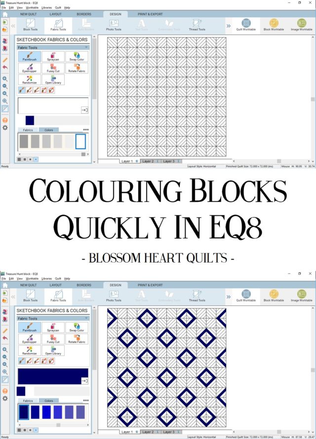 Colouring the same section of each block in EQ8 in the quilt layout tutorial by BlossomHeartQuilts.com