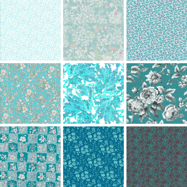 Teal ombre Liberty fabric palette for Cinque Terre mini quilt