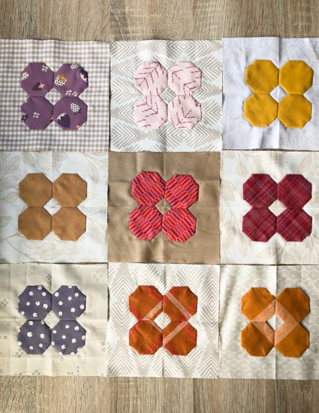 English paper pieced quilt blocks with hand applique